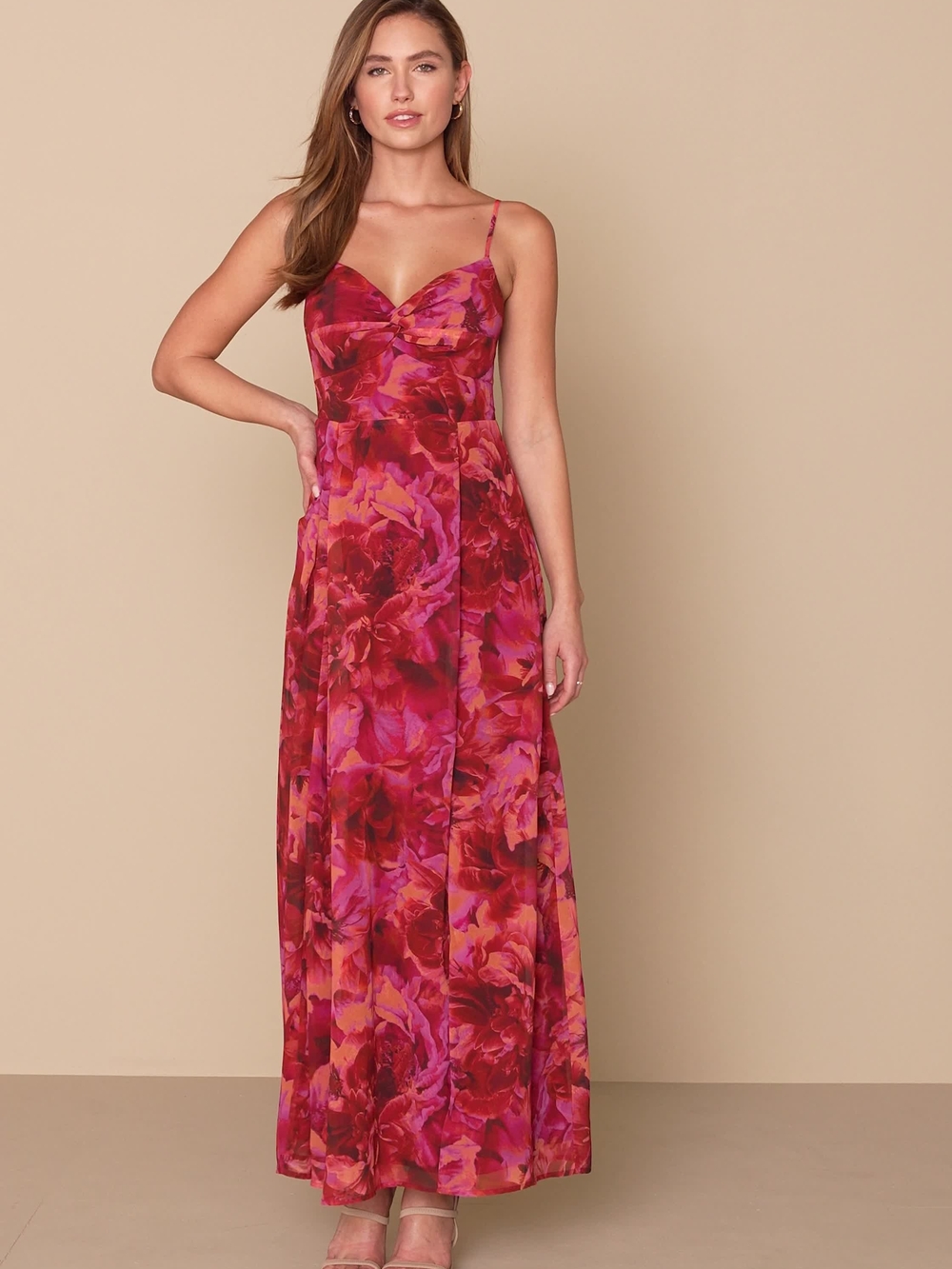 Lulu's Fuchsia and Red Floral Spaghetti-Strap Maxi Dress Size Large Petite